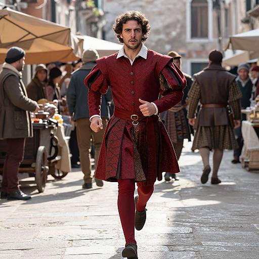 Photograph of a curly-haired man in a red Renaissance-style outfit, running through a bustling medieval street market with vendors and shoppers.