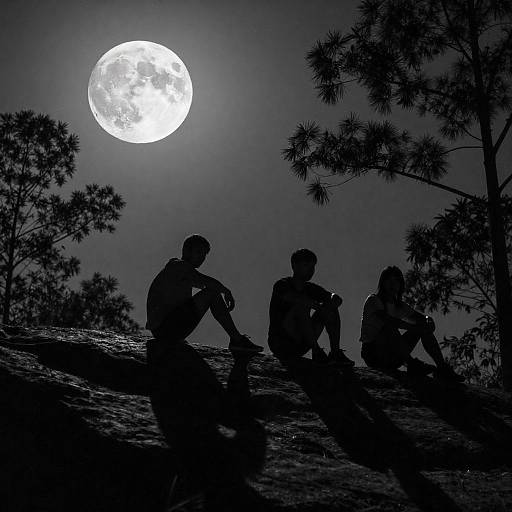 Silhouetted Trio Under a Bright Moon