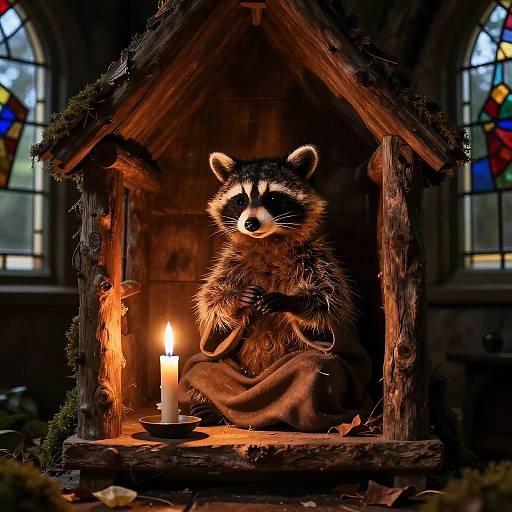 Photograph of a realistic, furry raccoon puppet sitting cross-legged in a wooden, moss-covered miniature house, lit by a single candle, in a