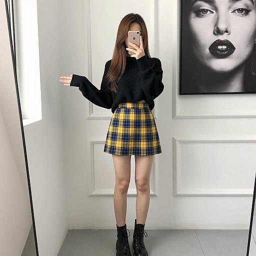 Asian Woman Taking Mirror Selfie in Fashionable Outfit