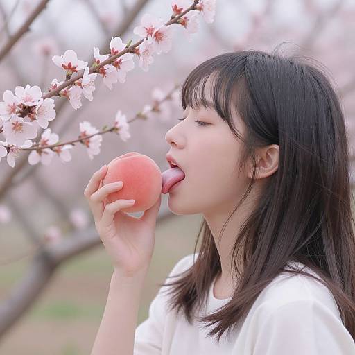 Photograph of an Asian woman with black hair, white shirt, licking a peach under blooming pink cherry blossoms, profile view.