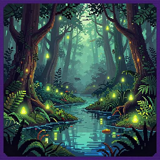 Pixel art of a mystical forest with glowing fireflies, tall trees, and a reflective blue stream, illuminated by ethereal lights.
