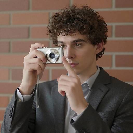 Focused Young Man with Digital Camera