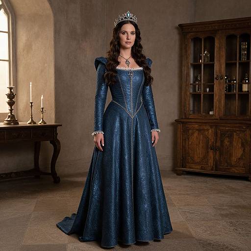 Photograph of a woman with long dark hair, wearing a blue, intricately embroidered medieval gown, silver crown, and standing in a dimly lit
