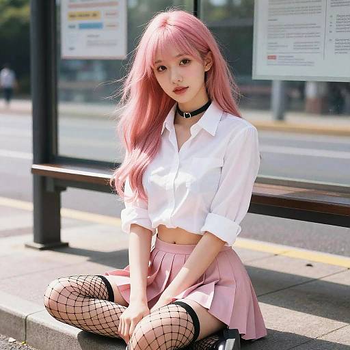 Young Woman with Pink Hair Sitting at Bus Stop