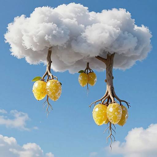 Digital artwork of two fluffy white clouds with yellow, hanging lemons and green leaves, set against a bright blue sky.
