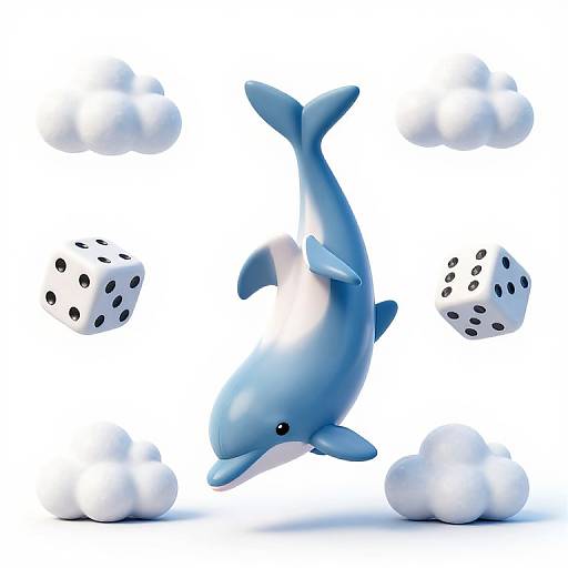 Digital illustration of a blue, cartoon-style dolphin mid-leap, surrounded by floating white clouds and dice with black dots, against a white background.