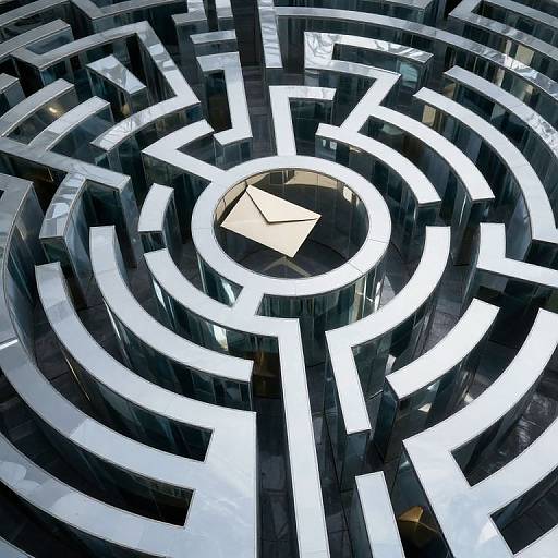 Photograph of a modern, black-and-white, reflective, circular maze with geometric patterns, viewed from above, featuring a central, square light source.