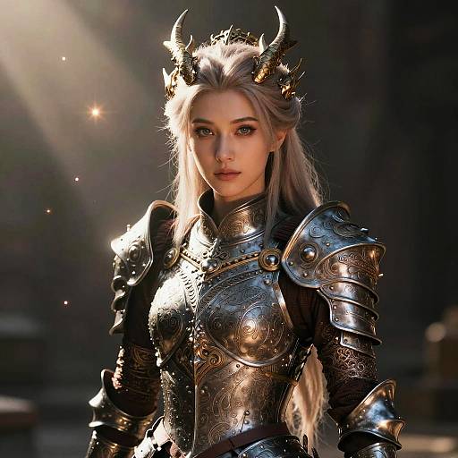 Digital artwork of a fair-skinned, long-haired woman with horns, wearing detailed, reflective silver armor, illuminated by sunlight in a dark, mystical background