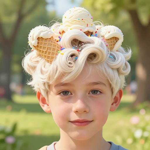 Photograph of a young boy with curly blonde hair wearing an ice cream cone crown with colorful sprinkles, smiling in a sunlit park.