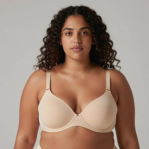 Curvy Woman Wearing Beige Underwire Bra