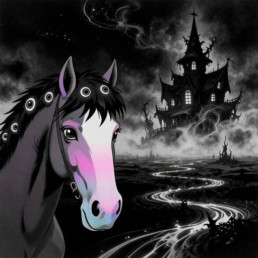 Digital illustration of a glowing, black-and-pink horse with circular markings, in front of a spooky, silhouetted haunted house and swirling river