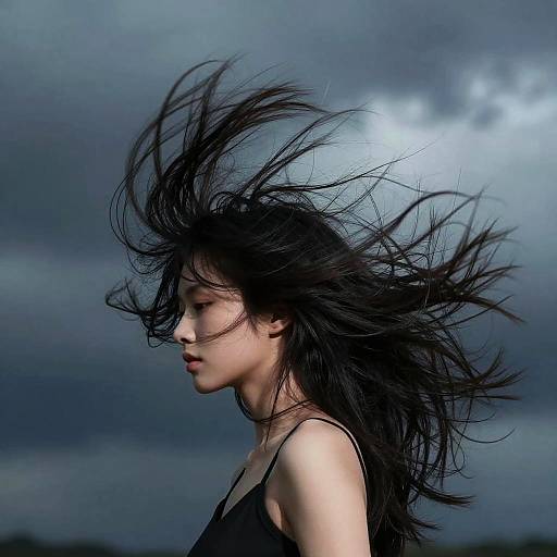 Elegant Black Hair Whipping in Wind
