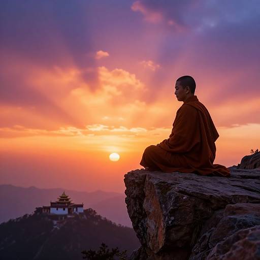 Buddhist Monk Meditating at Sunset