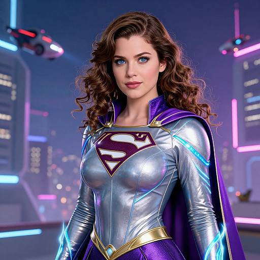CGI image of a beautiful woman with curly brown hair, blue eyes, wearing a shiny silver Supergirl costume with purple cape, standing in a