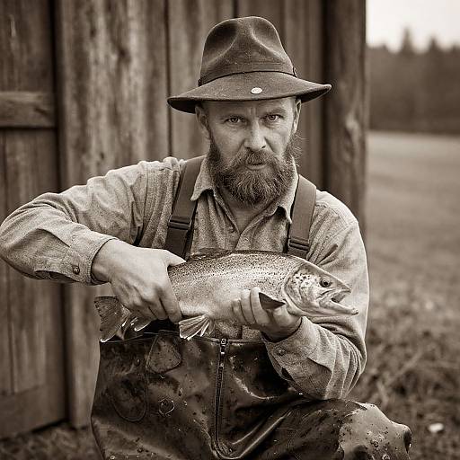 Black-and-white photograph of a bearded man in a hat, holding a freshly caught fish, wearing suspenders and a buttoned shirt, standing in