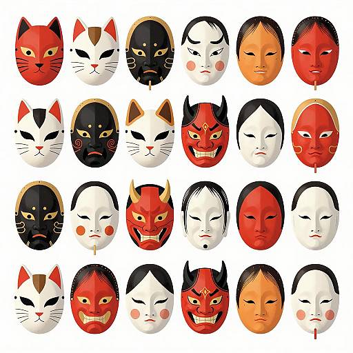Grid of Traditional Japanese Masks Illustration