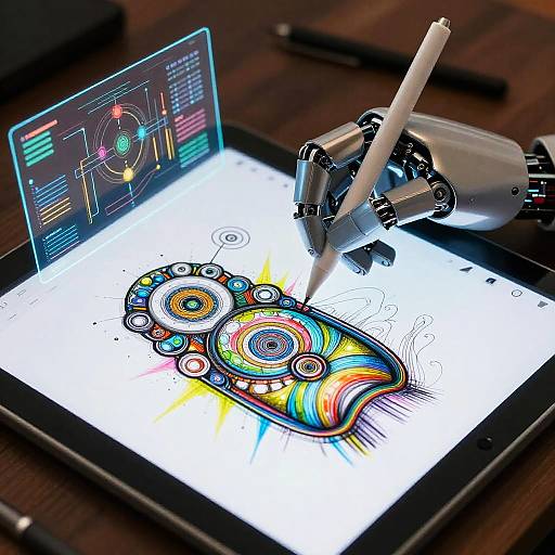 Digital tablet drawing vibrant, colorful abstract art with robotic stylus, illuminated screen displaying technical interface in background, wooden table setting.