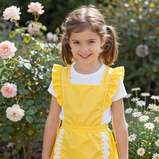 Photograph of a young girl with brown pigtails, wearing a yellow dress over a white shirt, smiling in a sunlit garden with blooming