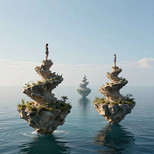 Digital artwork of three floating rock islands with grass, each topped with a standing figure, above calm blue ocean, with a distant, misty ship in