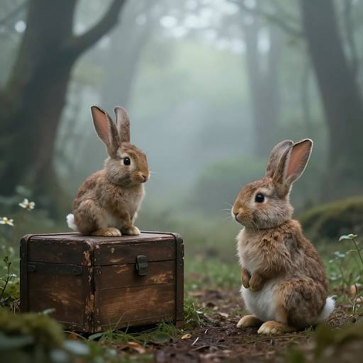 Digital artwork of two fluffy brown rabbits with large ears, one sitting on a wooden chest, the other beside it, in a misty forest.
