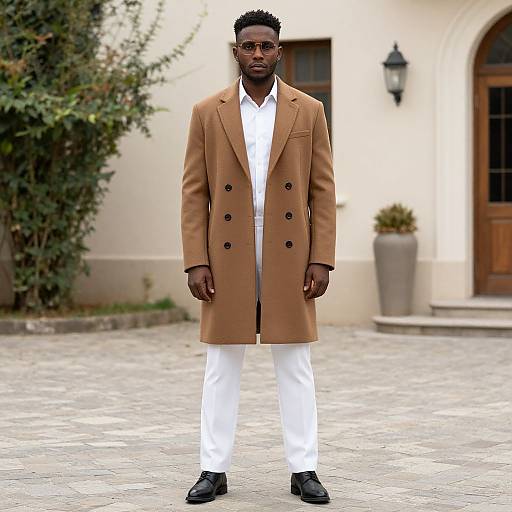 Photograph of a Black man with short curly hair, wearing a tan double-breasted coat, white shirt, white pants, and black shoes, standing