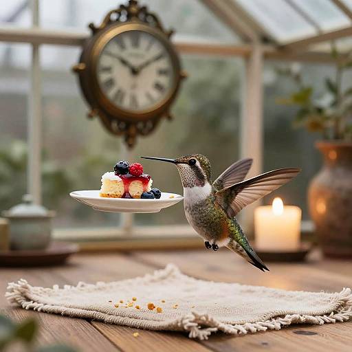 Hummingbird Holding Plate with Berry Cake in Vintage Conservatory