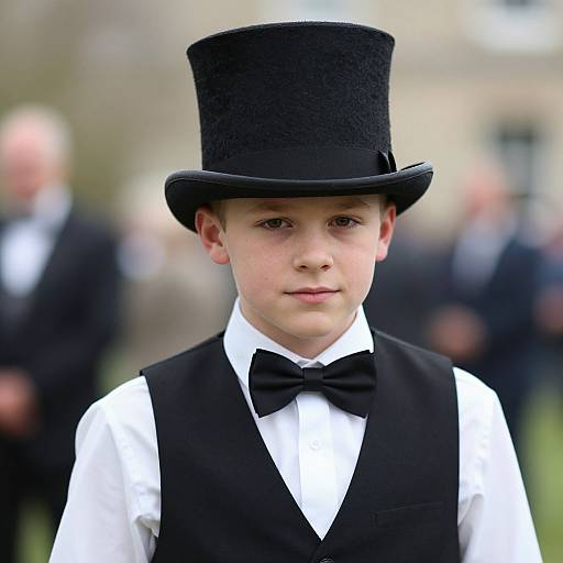 Photograph of a young boy with fair skin, wearing a black top hat, white shirt, black bow tie, and black vest, standing outdoors with