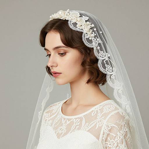 Photograph of a young woman with short brown hair, wearing a white lace wedding veil and dress, looking downward against a gray background.