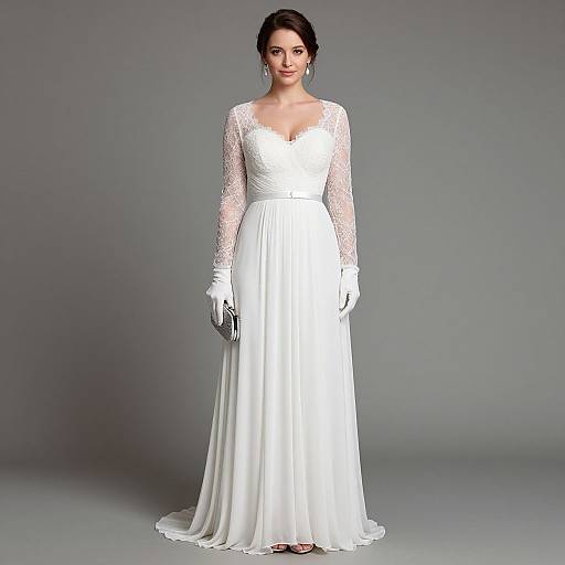 Photograph of a fair-skinned woman with dark hair in an elegant white wedding dress with lace sleeves, standing against a gray background.