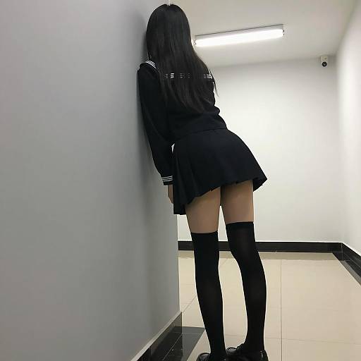 Woman in Black School Uniform Leaning on Wall