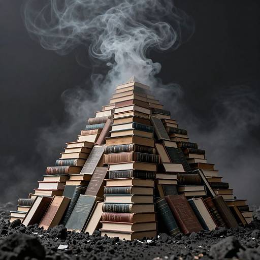 Photograph of a pyramid of stacked books with smoke rising from the top, set against a dark, cloudy background.
