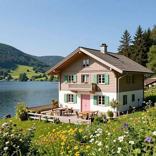 Photograph of a charming, two-story lakeside house with green shutters, flower-filled garden, and patio furniture, set against a clear blue sky