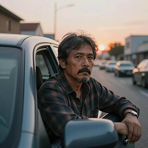 Serious Middle-Aged Man Driving Car at Sunset