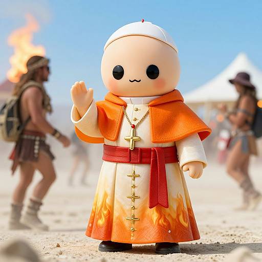 Photograph of a cute, chibi-style cartoon priest with a white hat, orange robe, and gold cross, waving in a sandy desert with blurred
