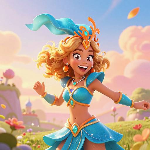 Vibrant CGI image of a smiling, curly-haired young woman in a blue, sparkly, fantasy-like outfit with orange accents, dancing in a