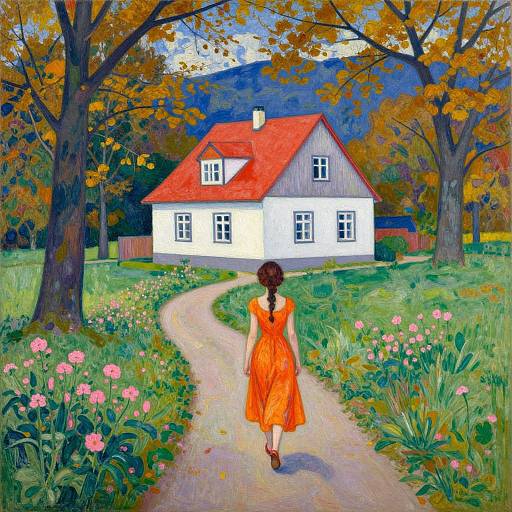 Digital painting of a girl in an orange dress walking on a winding path towards a white house with a red roof, surrounded by autumn trees and pink flowers