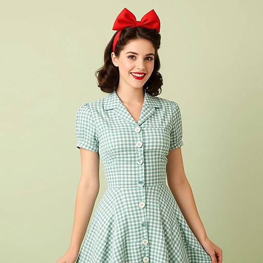 Vintage-style photograph of a smiling woman with fair skin, dark wavy hair, red bow, green checkered dress, white buttons, against a plain