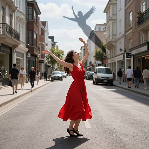 Photograph of a curly-haired woman in a red dress and black heels, dancing joyfully on a sunlit urban street with silhouetted arms