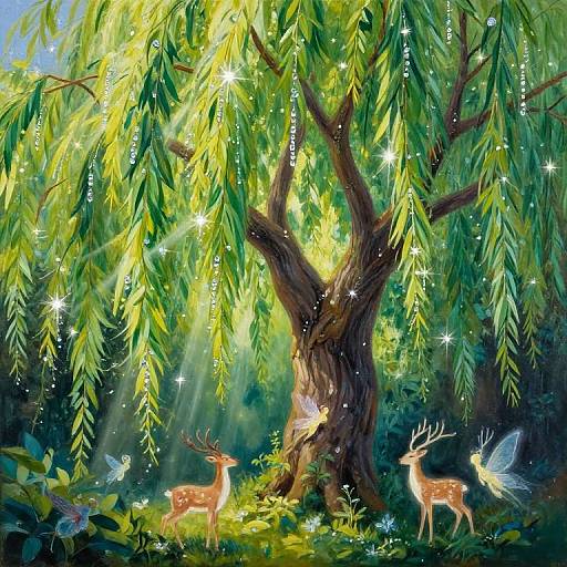 Fantastical forest scene with two glowing deer, ethereal fairy-like creatures, and a majestic, sunlight-dappled tree, surrounded by sparkling lights