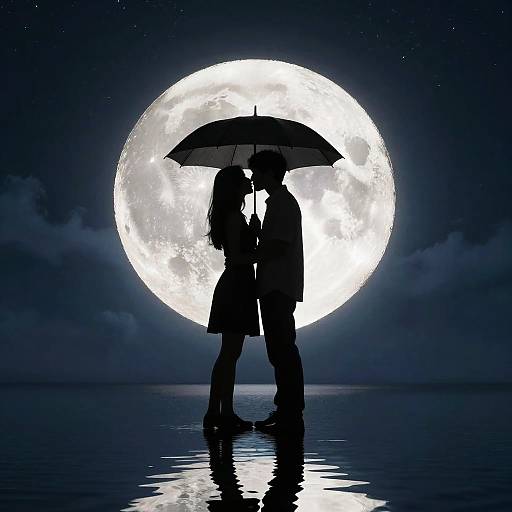 Silhouetted couple under umbrella, standing on reflective water, against a bright full moon in a starry night sky. Romantic, dreamy,