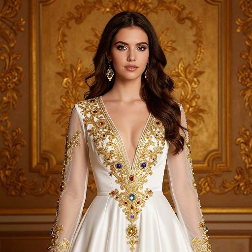 Elegant Woman in Embroidered Satin Gown
