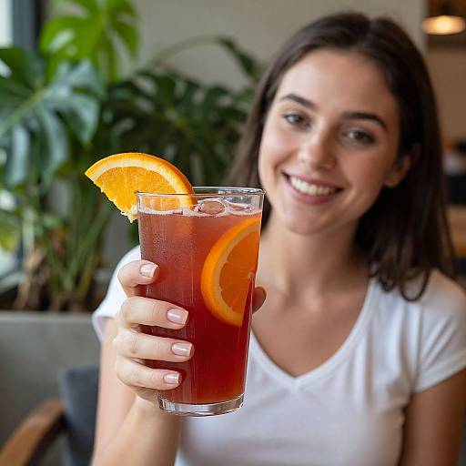 Photograph of a smiling young woman with brown hair, wearing a white shirt, holding a glass of iced tea with orange slices and a lemon slice