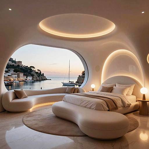 Modern, circular bedroom with a bed, white furnishings, recessed lighting, ocean view through large circular window at sunset. Sleek, luxurious design.