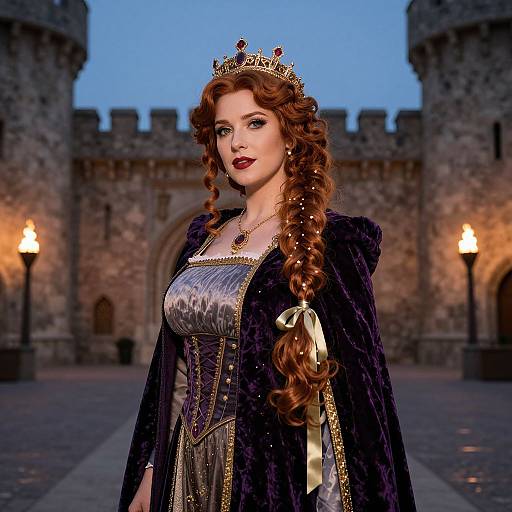 Digital illustration of a red-haired queen with a crown, wearing a silver dress, black velvet cloak, and gold ribbon, standing in front of a medieval