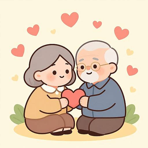 Cute digital drawing of elderly couple with grey and white hair, holding a red heart, surrounded by pink hearts, wearing beige and blue sweaters,