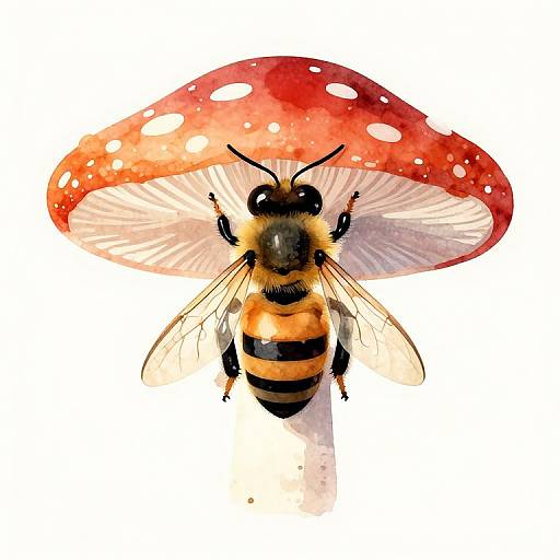 Watercolor illustration of a bee with black and yellow stripes, hovering beneath a red, white-spotted mushroom on a white background.