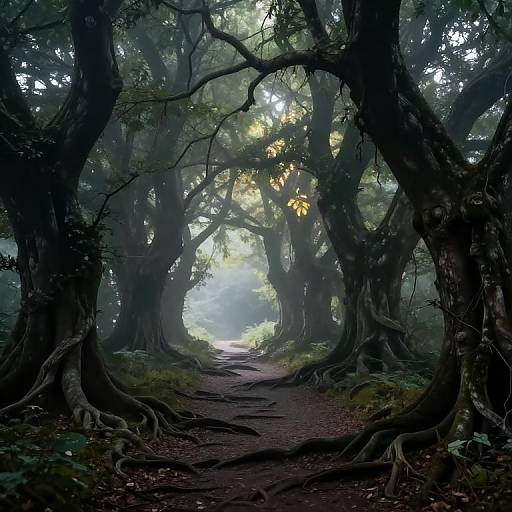 Mystical Forest Path with Ethereal Glow