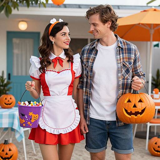 Photograph of a smiling couple in Halloween costumes; woman in a red-and-white maid outfit holds candy, man in plaid shirt holds pumpkin. Outdoor