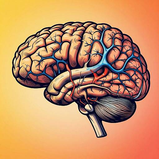 Colorful digital illustration of a human brain with detailed, textured, orange and pink folds, blue veins, and a yellow-orange gradient background.
